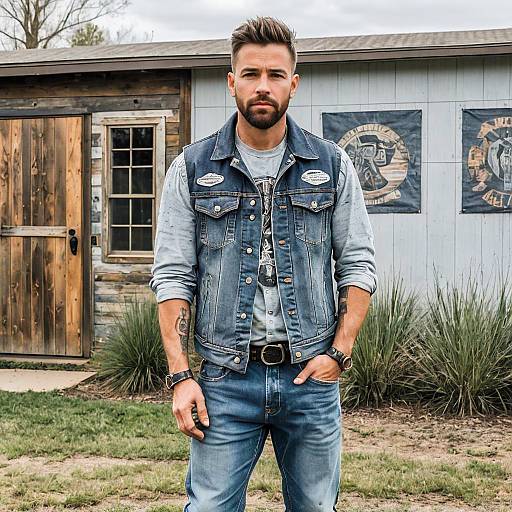 Rugged Man in Denim Vest Outdoors