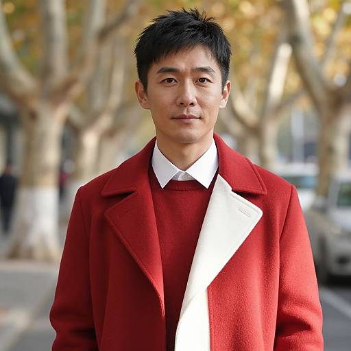 Photograph of an Asian man with short black hair, wearing a bright red coat and white tie, standing on a tree-lined street.