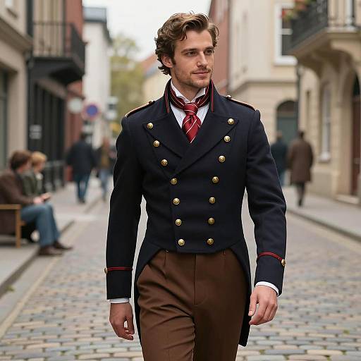 Man in Victorian-Era Official Wear on Cobblestone Street