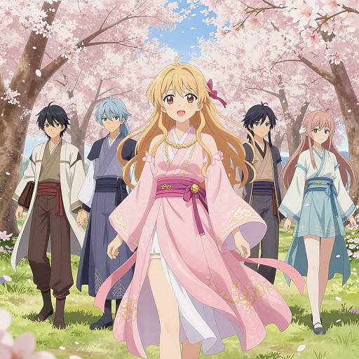 Anime-style digital artwork of five characters standing under cherry blossom trees. Central blonde girl in pink kimono leads, surrounded by blue-haired boy, two black