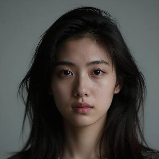 Photograph of a young Asian woman with long, disheveled black hair, light skin, and neutral expression, set against a plain gray background.