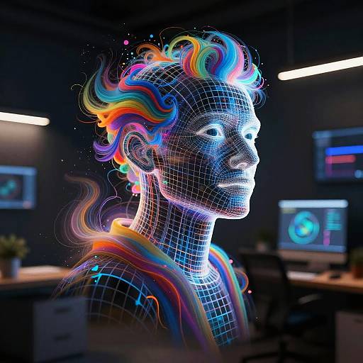 Digital artwork of a glowing, wireframe human head with vibrant, multicolored, neon-like hair in a dark, futuristic tech lab.