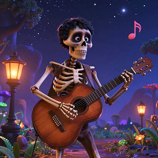 CGI image of a skeletal, black-haired skeleton playing a brown acoustic guitar in a colorful, starry night garden with glowing lamps.