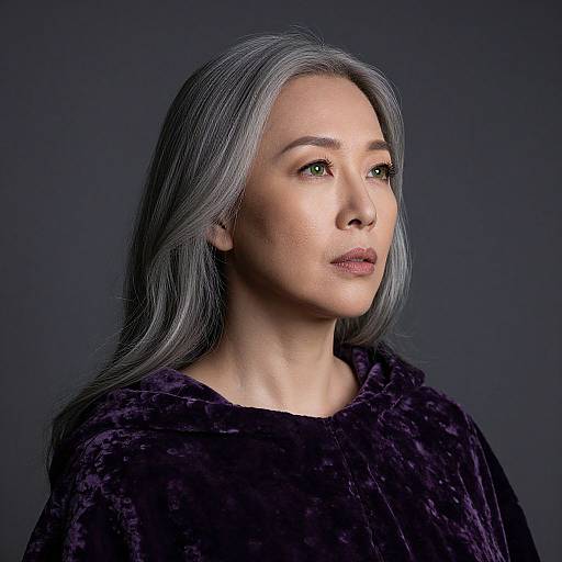 Photograph of a woman with long silver hair, fair skin, green eyes, wearing a dark purple velvet cloak, against a dark gray background.