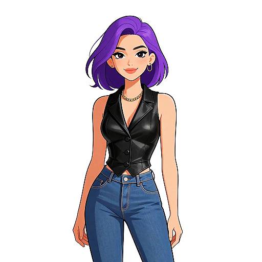 Digital anime-style drawing of a confident woman with purple hair, black leather vest, blue jeans, silver chain necklace, and hoop earrings.