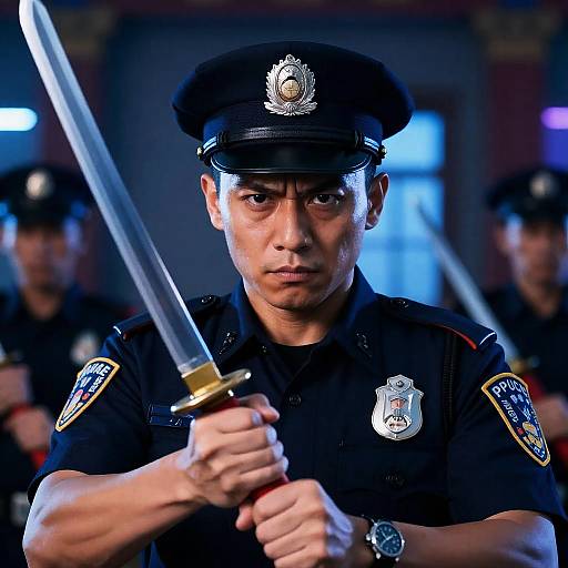 Determined Officer with Katana in Neon Lights