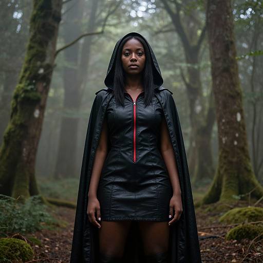 Photograph of a serious Black woman with long black hair, wearing a black leather dress and hooded cape with red zipper, standing in a foggy