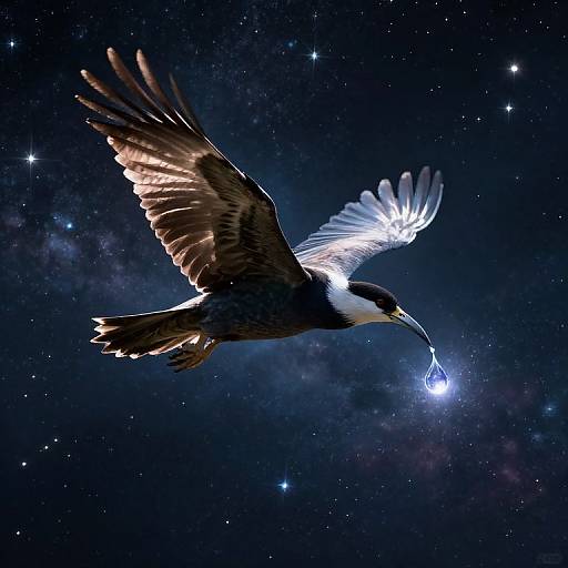 Photograph of a black-and-white bird with glowing wings, holding a bright blue star in its beak, flying against a starry night sky.