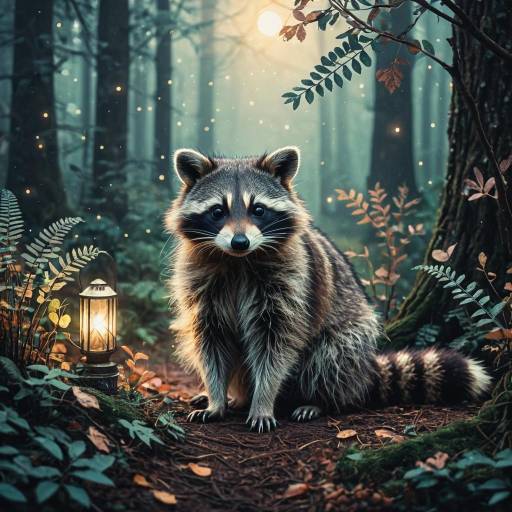 Raccoon in Misty Woodland with Lantern