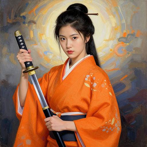 Digital painting of an Asian woman in an orange kimono holding a katana, with a golden halo-like background and dark swirls.