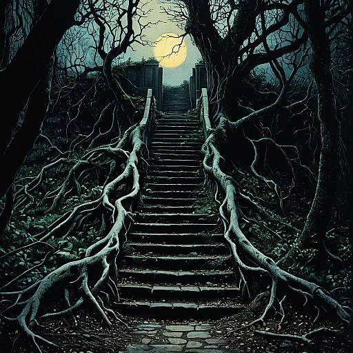 Staircase Overgrown by Tree Roots with Ominous Portal