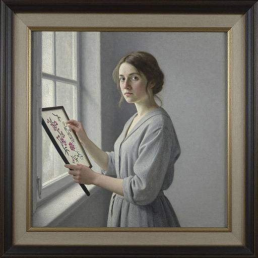 Gray Portrait of Woman with Embroidery