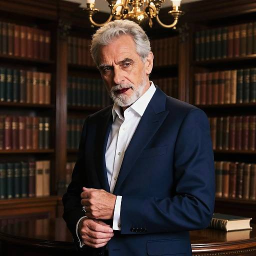 Photograph of an older white man with gray hair and beard, wearing a dark suit and white shirt, standing in a dimly lit, wooden library
