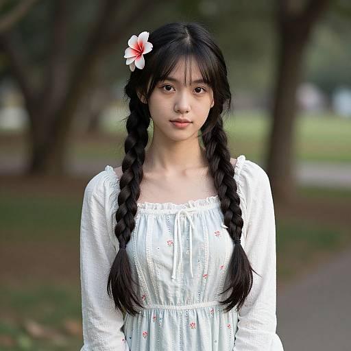 Photograph of an Asian woman with long black braids, white dress, red and white flower in hair, standing in a park.