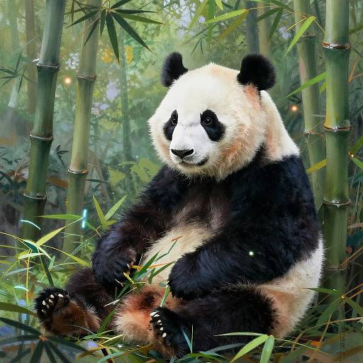 Photorealistic digital artwork of a panda sitting in a lush bamboo forest, with green bamboo stalks and leaves surrounding it.