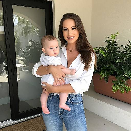 Photograph of a smiling brunette woman in a white blouse and blue jeans, holding a baby in a white onesie, standing outside a modern building with