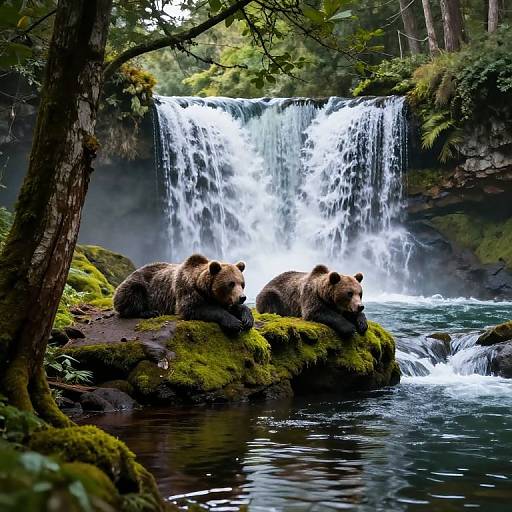 Photograph of two brown bears resting on mossy rocks in front of a cascading waterfall in a dense, green forest.