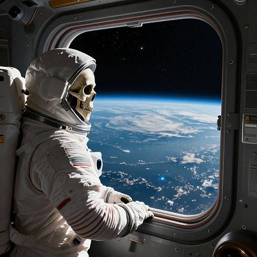 Photorealistic digital art of a space-suited astronaut with a skeletal face gazing out a window at Earth's blue horizon and starry sky.