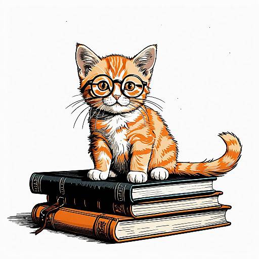 Cartoon Orange Kitten with Glasses on Books