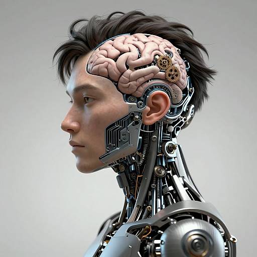 CGI image of a cybernetic human profile with a visible, detailed brain, metallic neck and shoulders, and dark hair against a light background.