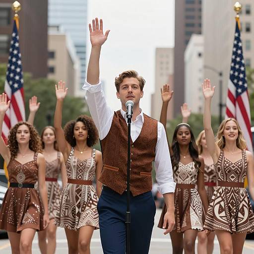 Dynamic Male Singer with Dancers in Urban Scene