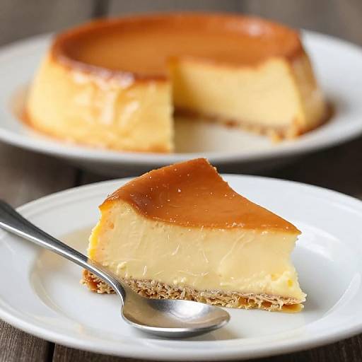 Photograph of a slice of creamy, caramel-topped cheesecake with a crumbly graham cracker crust, on a white plate with a