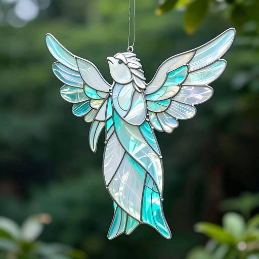 Photograph of a stained glass angel ornament with white and turquoise wings, hanging against a blurred green foliage background.
