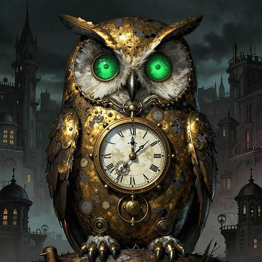 Digital artwork of a mechanical, gold owl with glowing green eyes and a clock face, set against a dark, gothic cityscape.