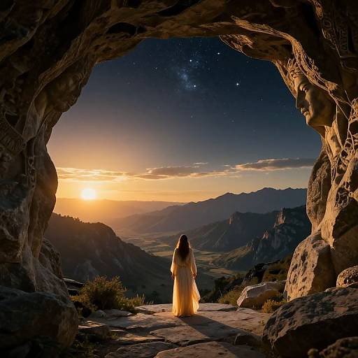 Photograph of a woman in a flowing yellow dress standing in a rocky cave, looking at a stunning sunset over a mountainous landscape, with a star