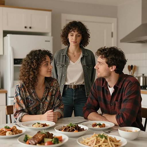 Three People in Kitchen with Plates of Food