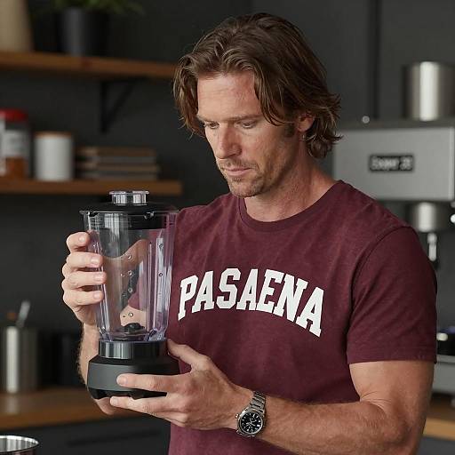 Focused Man with Blender in Industrial Setting