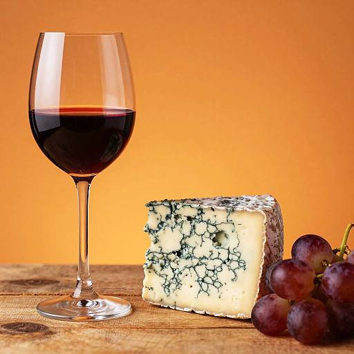 Wine, Blue Cheese, and Grapes Still Life