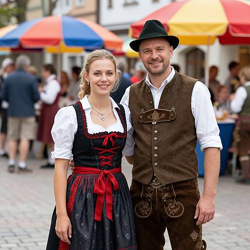 Photograph of a smiling couple in traditional Bavarian attire; woman in black dress with red ribbon, man in brown vest and hat, colorful umbrellas
