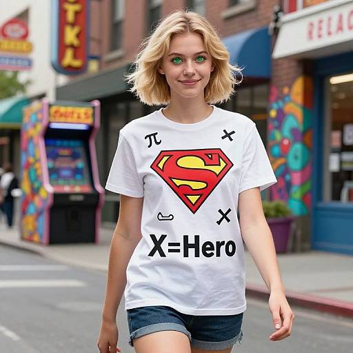 Blonde woman with green eyes wears white Superman t-shirt, 