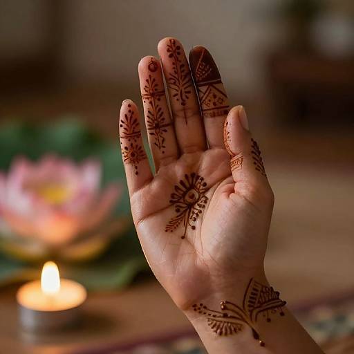 Photograph of a hand with intricate brown henna designs, raised in front of a lit candle and pink lotus flower.