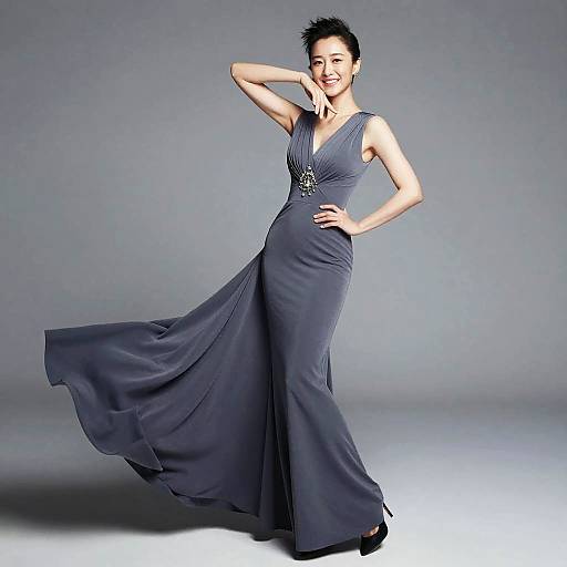 Photograph of a smiling Asian woman with short black hair, wearing a flowing, deep blue, V-neck evening gown, posing confidently against a gray studio
