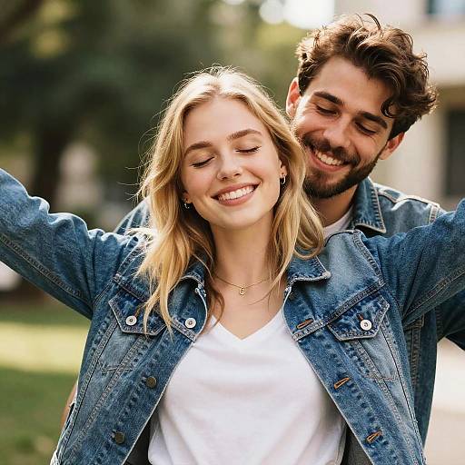 Sunlit Happy Couple in Denim Jackets