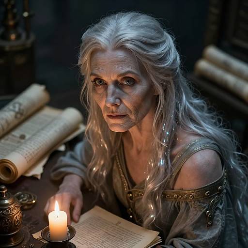 Photorealistic digital artwork of an elderly, white-haired woman with intense eyes, wearing a medieval-style dress, reading by candlelight, surrounded by scrolls