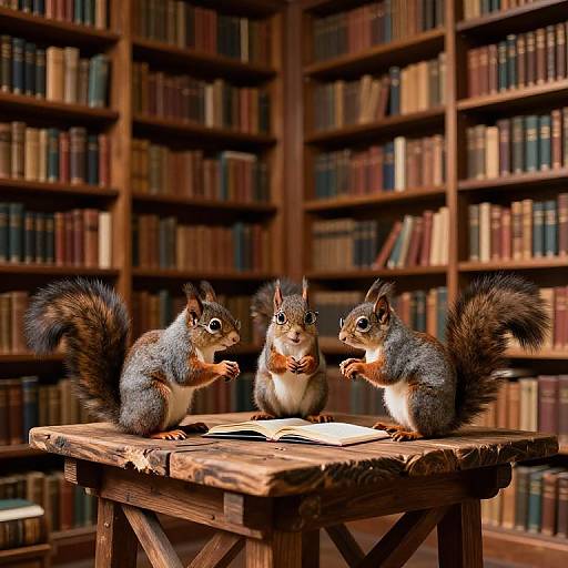 Photograph: Three gray squirrels with bushy tails sitting on a wooden table in a library, surrounded by filled bookshelves.