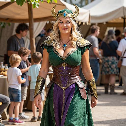 Photograph of a blonde woman with large breasts, wearing a green and purple fantasy warrior dress, gold horns, and armor, smiling at a sunny marketplace