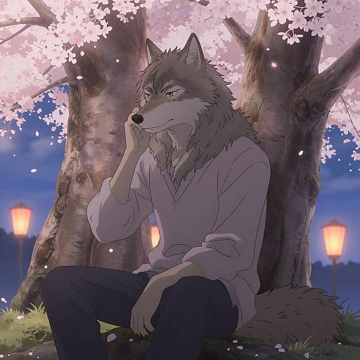 Anthropomorphic wolf in white shirt and black pants, sitting under cherry blossom tree at night, hand on cheek, glowing lanterns in background. Digital