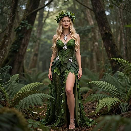Photograph of a blonde woman with long hair, wearing a green leafy forest dress, crown, and necklace, standing in a dense, fern-filled