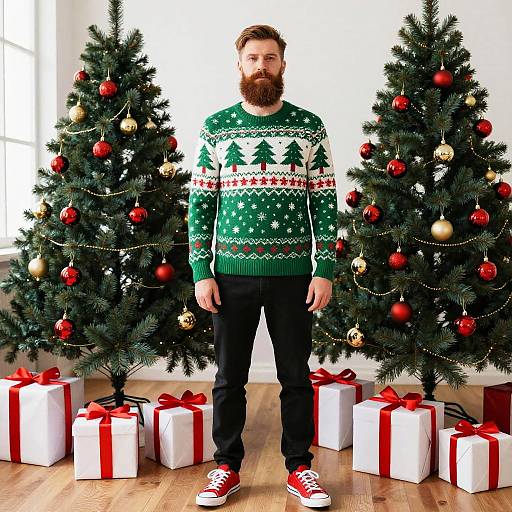 Photograph of a bearded man in a green Christmas sweater, standing between two decorated Christmas trees, with white and red wrapped gifts on the wooden floor
