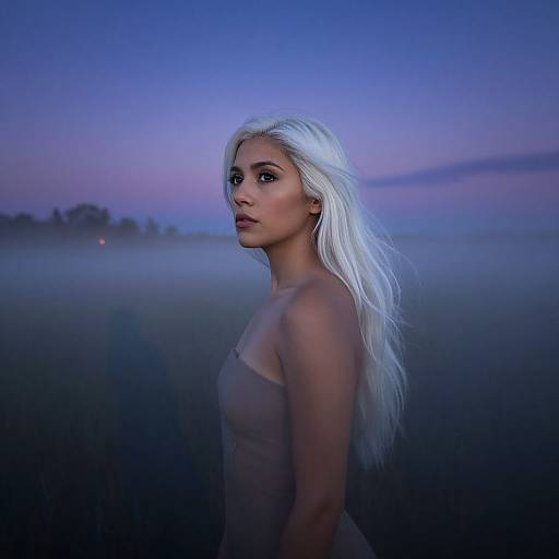 Photograph of a young woman with long, platinum blonde hair, wearing a sheer, strapless top, standing in a misty, twilight field with