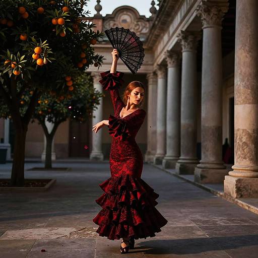 Photograph of a graceful woman in a black lace, ruffled dress, holding a fan, dancing under an orange tree in an elegant, colonn