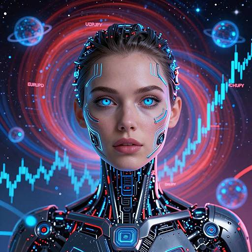 Digital art of a cybernetic woman with glowing blue eyes, robotic face, and futuristic armor, set against a cosmic background with planets and vibrant red