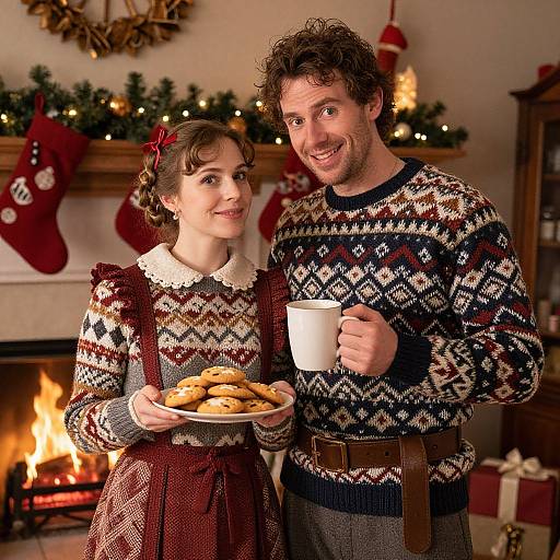 Photograph of a curly-haired couple in festive, patterned sweaters, holding mugs and plate of cookies, standing in front of a warmly lit