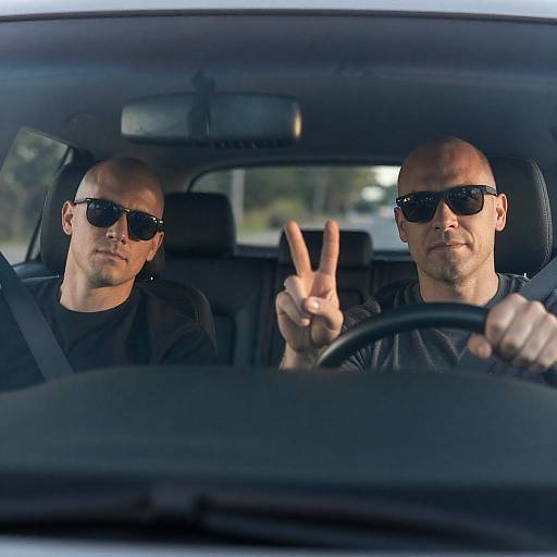 Men in Car: Sunglasses and Peace Signs