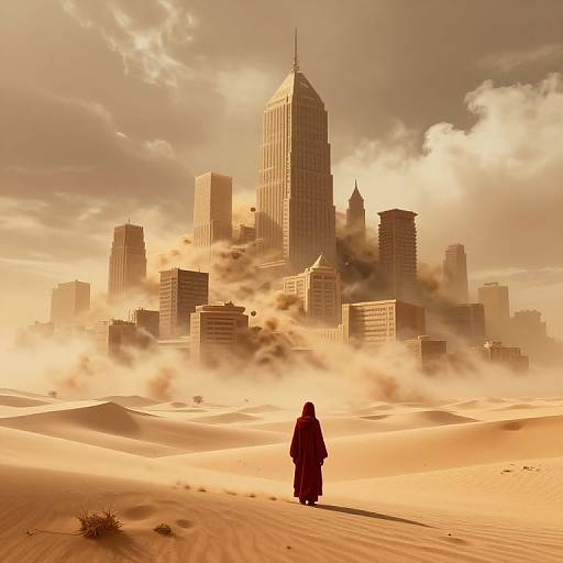 Photograph-like digital artwork: solitary figure in dark robe stands in golden desert, facing towering, mist-shrouded cityscape with tall skyscrapers