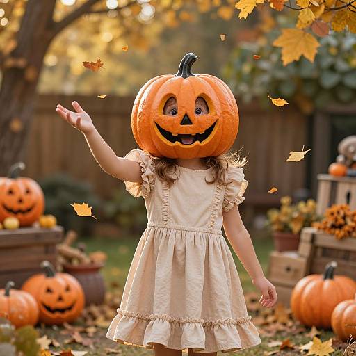 Cheerful Girl in Cozy Pumpkin Costume